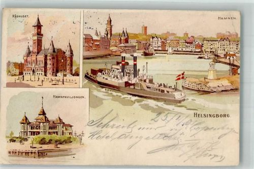 Helsingborg 1901 Rathaus Schloss Hafen Lithographie