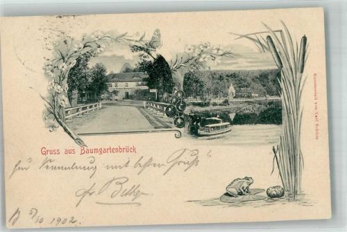 14548 O1506 Caputh 1902 - Gasthaus Baumgartenbrück Schielower See Brücke Frosch im Schilffgras