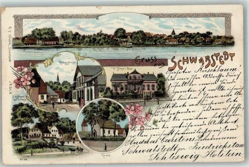 25876 W2251 Schwabstedt 1900 Lithographie Kirchenstrasse Kirche Dr. Friese's Haus Gasthaus zur Treene