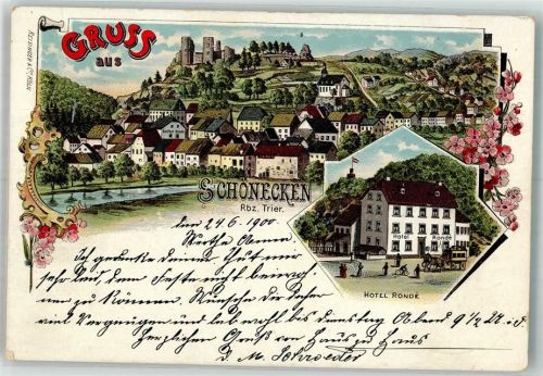 54614 W5544 Schönecken 1900 Lithographie Hotel Ronde Burg Schönecken