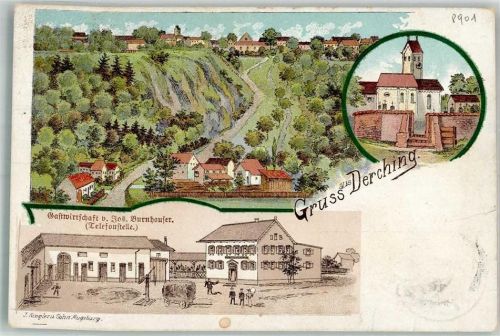 86316 W8904 Derching 1909 Lithographie Gasthaus Burnhauser Pumpbrunnen Heuwagen Kirche
