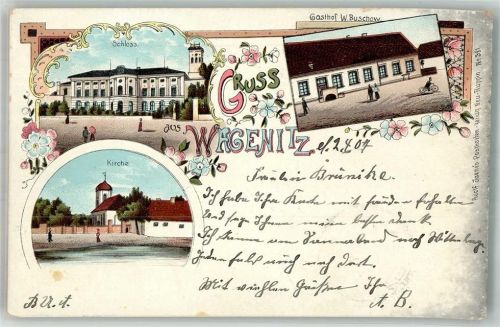 14662 O1553 Wagenitz 1907 Lithographie Schloss Gasthaus Buschow Dorfkirche Bahnpost