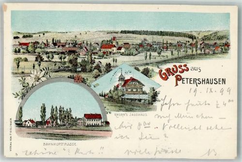 Petershausen 1899 Lithographie Knorr's Jagdhaus Bahnhofstrasse