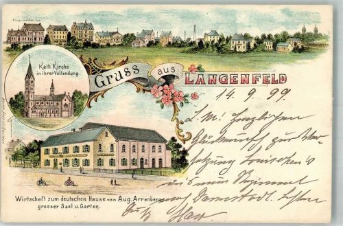 40764 W4018 Langenfeld Rheinland 1899 Lithographie Kath. Kirche Gasthaus zum Deutschen Hause
