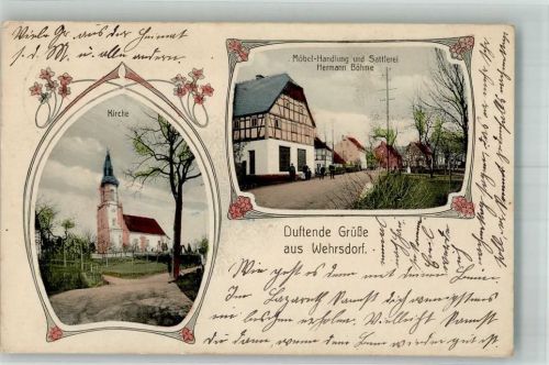 Wehrsdorf 1916 Duftende Grüße Möbel-Geschäft & Sattlerei Böhme Dorfkirche