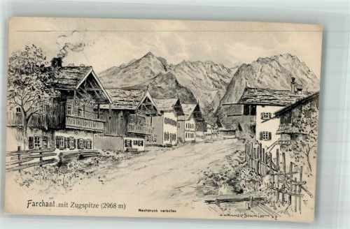 82490 W8105 Farchant Künstlerkarte Farchant mit Zugspitze Dorfstrasse sign. Hammerschmidt