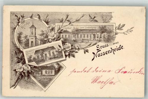 Nassenheide 1903 Kirche Gasthaus zum Lindenkrug Schule Gasthaus Lamke Vögel signiert