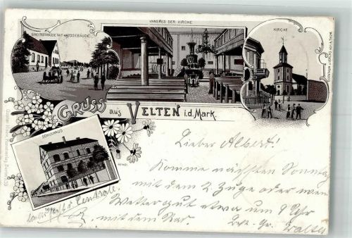 16727 O1420 Velten 1899 Lithographie Kirche Kircheninneres Breitestrasse Amtsgebäude Schule