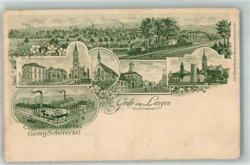 Langen Lithographie Cognac-Brennerei Scherer & Co Sparkasse Stadthaus Am Festungsturm beschädigt