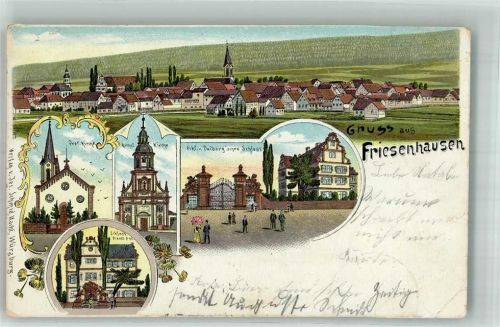 Friesenhausen 1905 Lithographie Ev. Kirche Freiherr von Dalberg'sches Schloß Kath. Kirche