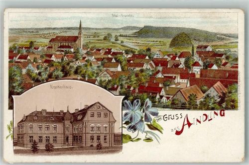 86447 W8901 Aindling Lithographie Krankenhaus Dorfkirche