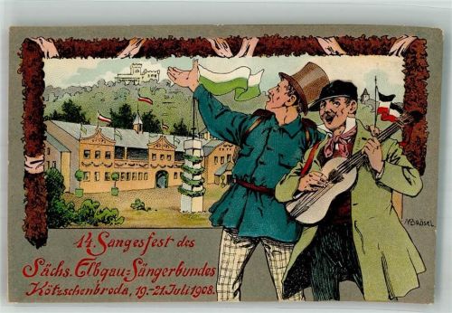 Kötzschenbroda Lithographie-Künstlerkarte 14. Sangesfest des Sächs. Elbgau Sängerbundes 1908 sign. Brösel