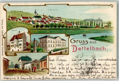 97337 W8716 Dettelbach 1906 Lithographie Rathaus Kriegerdenkmal Amtsgericht Bahnhof