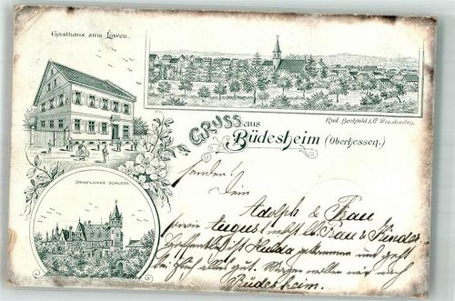 Büdesheim 1898 Lithographie Vorläufer Gasthaus zum Löwen Gräfliches Schloss
