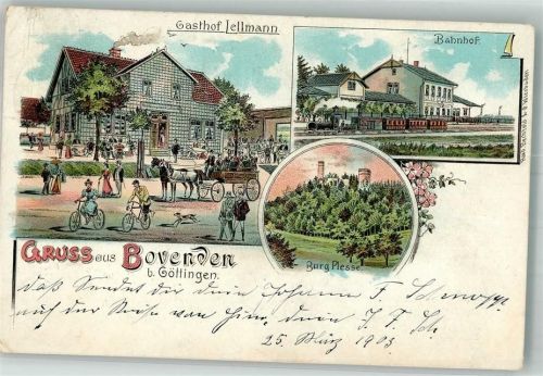 37120 W3406 Bovenden 1903 Lithographie Bahnhof Gasthaus Lellmann Burg Plesse Bahnpost Hannover-Kassel Zug 778
