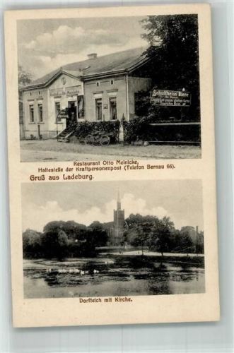 Ladeburg Dorfteich Kirche Gasthaus Meinicke Kraftpersonenpost-Haltestelle