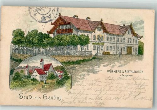 82131 W8035 Gauting 1900 Lithographie Kirche Würmbad & Gasthaus Bergmoser Gartenwirtschaft