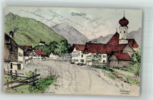 Eschenlohe 1907 Dorfstraße Bäckerei Gasthaus Dorfkirche sign. Hammerschmidt
