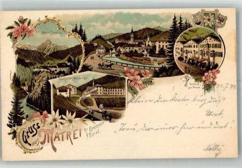 6143 Matrei am Brenner 1899 Lithographie Kirche Wallfahrt-Waldrast Gasthaus zur Krone