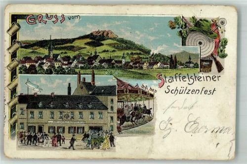 96231 W8623 Staffelstein , Oberfr 1904 Gebrauchsspuren Lithographie Staffelsteiner Schützenfest Gasthaus Karussell
