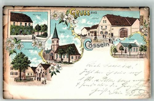 Kösseln 1901 Lithographie Kriegerdenkmal Gasthaus Pfarrhaus Kirche