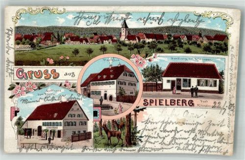 Spielberg 1903 Lithographie Handlung Hauser Gasthaus zum Rössle Pfarrhaus