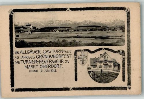 87616 W8952 Marktoberdorf Gebrauchsspuren 28 Allgäuer Gauturn-t & 50. Gründungsfest der Turner-Feuerwehr 1913