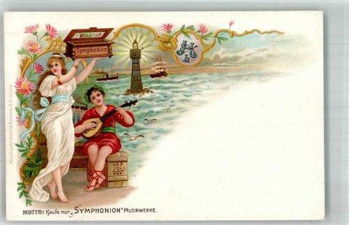 Werbung Kaufe Symphonion Musikwerke Leuchtturm Römer Prachtkarte Musikinstrument 1898 Lithographie / Künstlerkarte