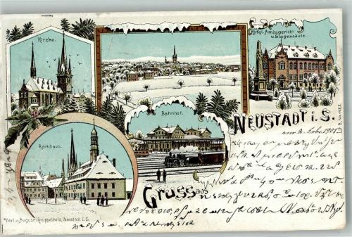 Neustadt 1901 Winterlithographie Bahnhof Rathaus Kgl. Amtsgericht Kirche
