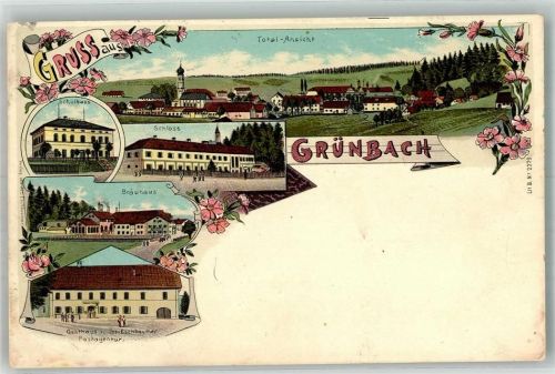 85461 W8059 Grünbach b Erding 1899 Lithographie Schule Schloss Grünbach Gasthaus Eschbauer Bräuhaus