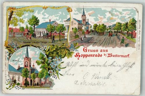 14641 O1551 Hoppenrade b Nauen 1899 Gebrauchsspuren Lithographie Gasthaus Lange Dorfstrasse Dorfkirche