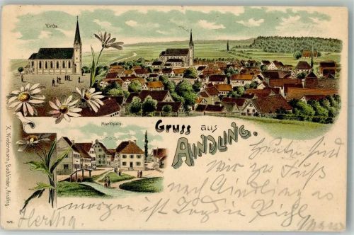 86447 W8901 Aindling Lithographie Marktplatz Dorfkirche