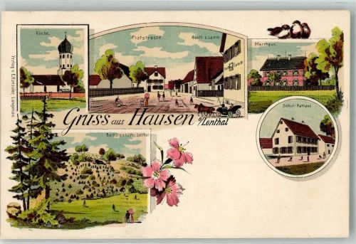 89522 W7920 Hausen ob Lontal Lithographie Schul und Rathaus Bocksteinhöhle Poststrasse Gasthaus zum Lamm Vögel