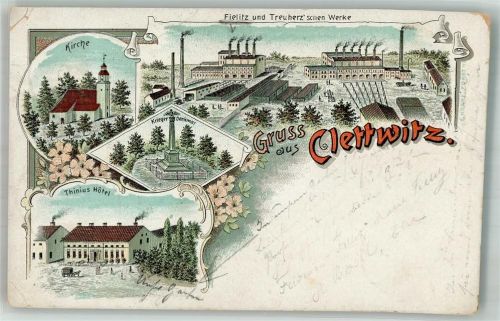 Klettwitz 1898 Lithographie Fielitz und Treuherz'schen Werke Kriegerdenkmal Hotel Thinius Bahnpost Finsterwalde-Schiplau Zug 6