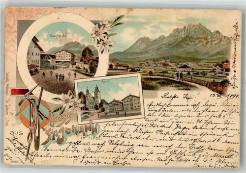 St. Johann 1898 Hauptplatz Kirche Wanderutensilien