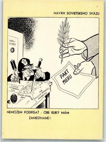 Karikatur a.d. Zeit des kalten Kreges , Botschaft, dass die USA keinen Frieden schließen wollen