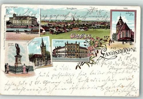 Landsberg a.d. Warthe 1899 Kriegerdenkmal Concordien- Kirche Gericht Kirche St. Marien Gymnasium