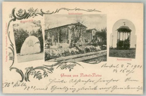 Nakel Naklo nad Notecia 1901 Foto AK Denkmal Münzerhöh Schützenhaus Aussichtsturm Bahnpost Berlin Zug 240
