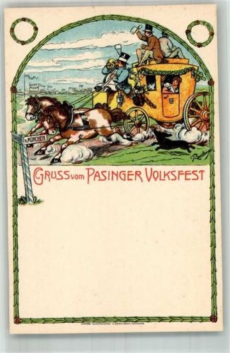 W8000 Pasing Pasinger Volksfest Postkutsche Jahrmarkt Lithographie / Künstlerkarte