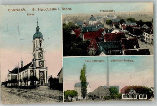 79336 W7834 Herbolzheim , Breisgau 1915 - Dorfkirche E-Werk Überland-Zentrale