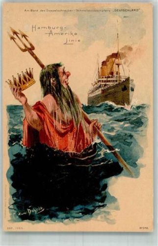 Hamburg-Amerika Linie Dampfer Deutschland Wassergott Humor Bohrdt, H. 1900 Lithographie / Künstlerkarte