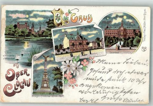 Glogau 1899 Postamt Schloss Schloss-Kirche Kriegerdenkmal Mondschein Bahnpost Zug 377