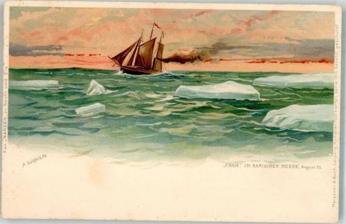 Nansen in Nacht und Eis Schiff Fram Verlag Goldfeld Meissner u. Buch 1016 Expedition Nordpol 1898 Lithographie / Künstlerkarte