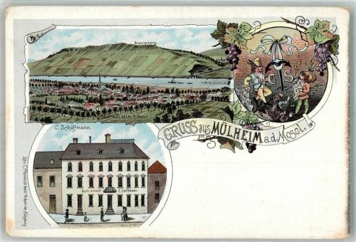 54486 W5556 Mülheim Mosel Lithographie Gasthaus zum Anker Zwerge Braunenberg