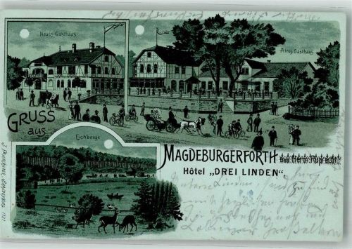 39291 O3271 Magdeburgerforth 1904 Lithographie / Mondschein Hotel Drei Linden Altes Gasthaus Eichberge Neues Gasthaus