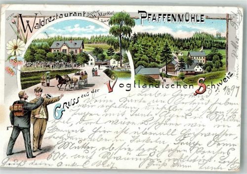 08543 O9903 Jocketa 1897 Lithographie Gasthaus zur Pfaffenmühle Wanderer