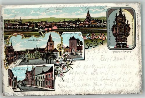 Soldin Myslibórz 1900 Lithographie Marktstrasse Dom Altar Richtstrasse Neuenburger Tor