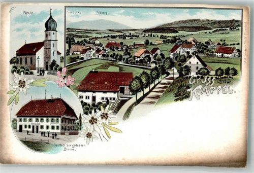 79853 W7825 Kappel , Hochschwarzw Lithographie Gasthaus zur goldenen Blume Kirche Seebruck Feldberg
