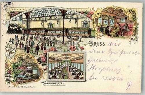 Gruss aus Schlaf Coupe + Adelskorrespondenz Speisewagen Lithographie / Künstlerkarte