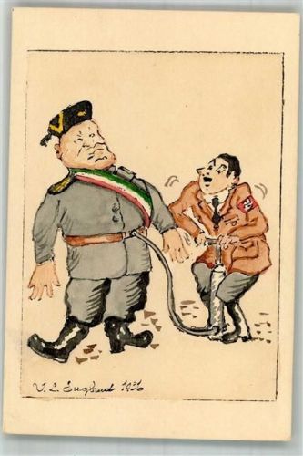 1936 Karikatur Hitler + Mussolini Watercolor Hand Painted sign.